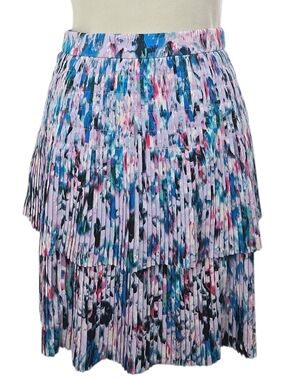 J. Crew Pleated Mini Skirt Size 2 Tiered Abstract Watercolor Blue Pink Lined